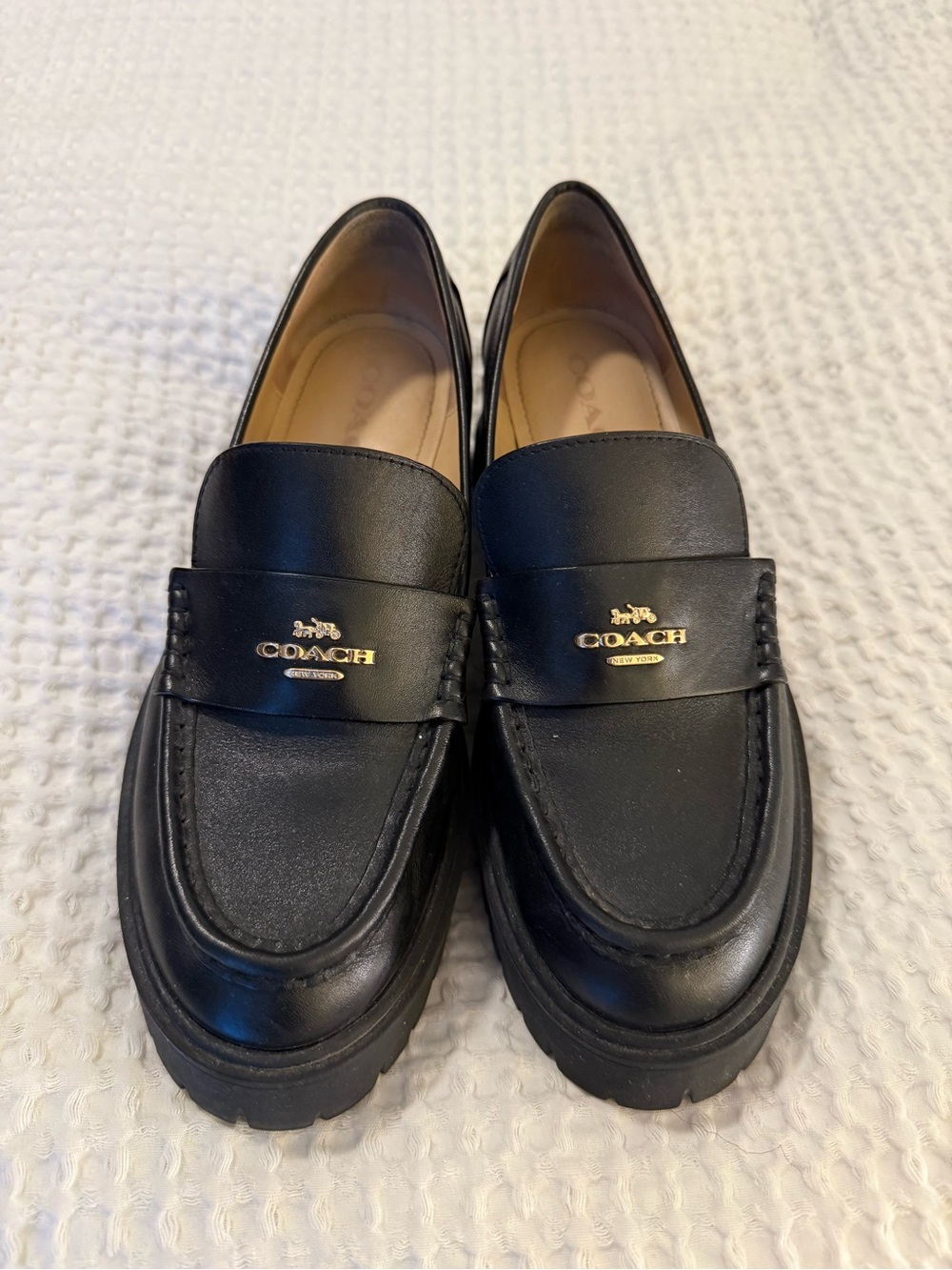COACH Black Leather Penny Loafers with Gold Logo